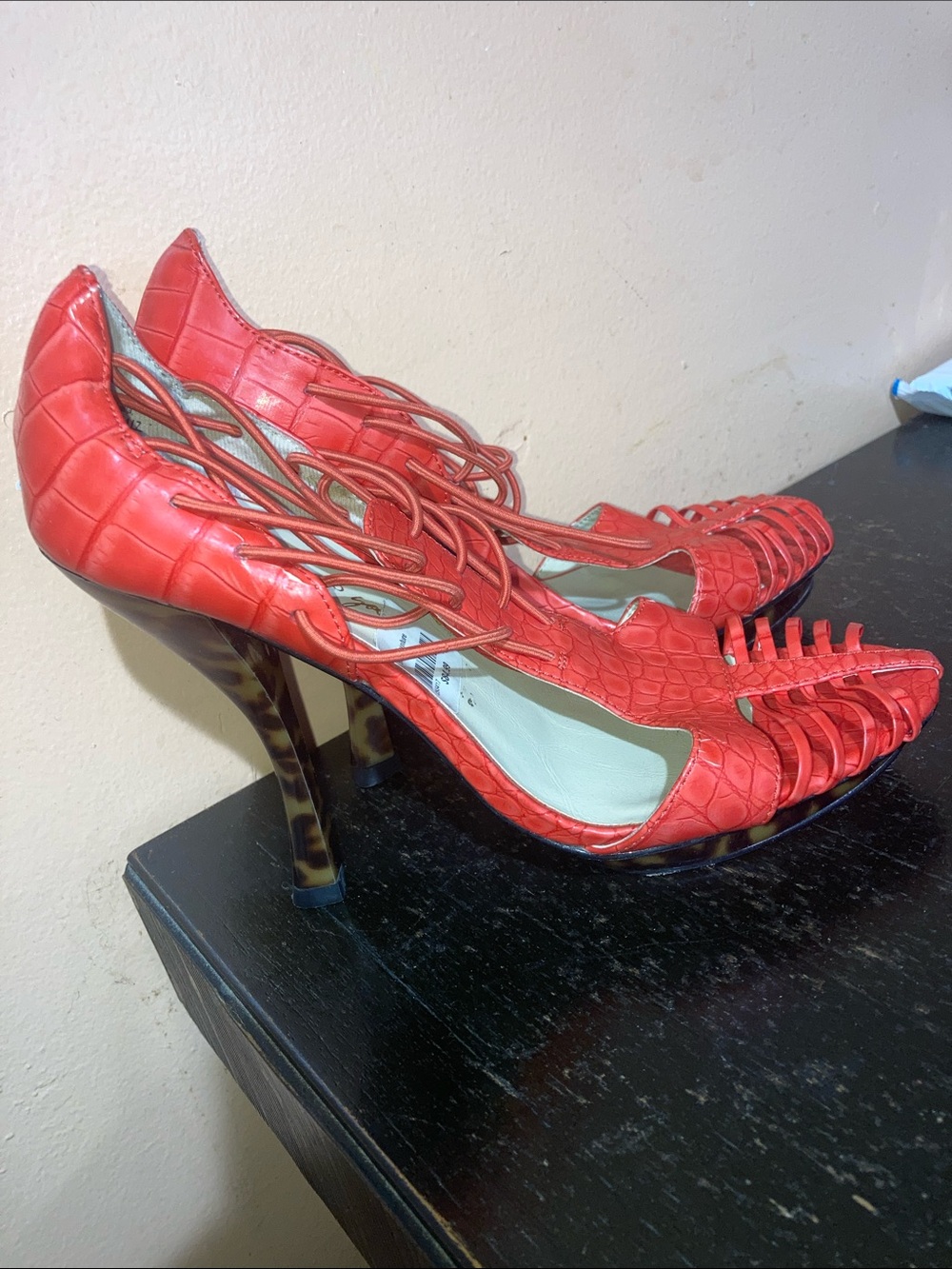 Christian Siriano Red Croc-Embossed Strappy Heels with Tortoiseshell Heel